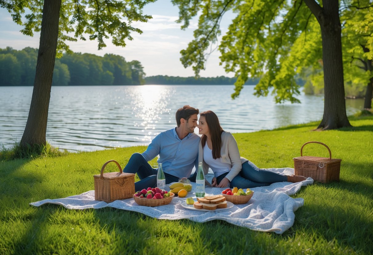A young couple enjoying a picnic on a blanket by a calm lake surrounded by trees at Huntington Reservation.
