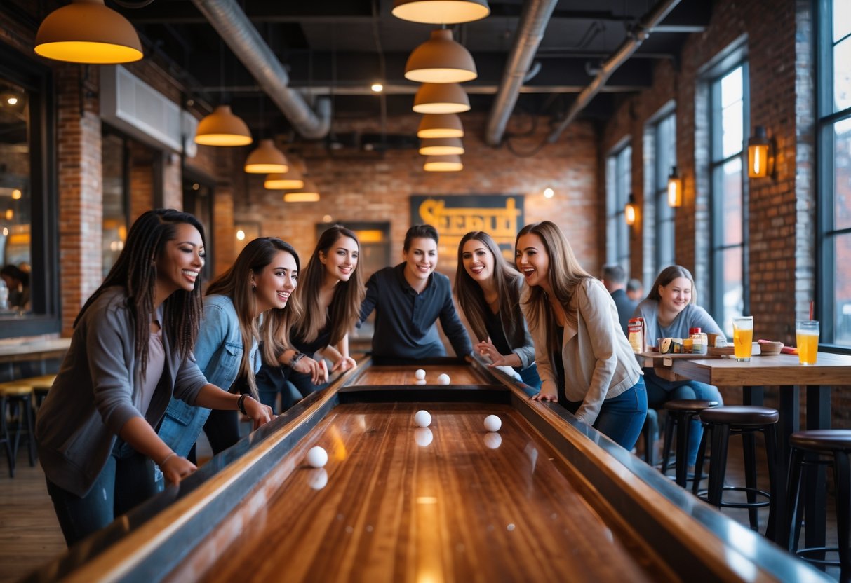 People playing shuffleboard inside a modern venue with brick walls and warm lighting.