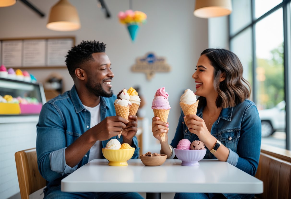 A couple enjoying ice cream together at a bright and modern ice cream shop.