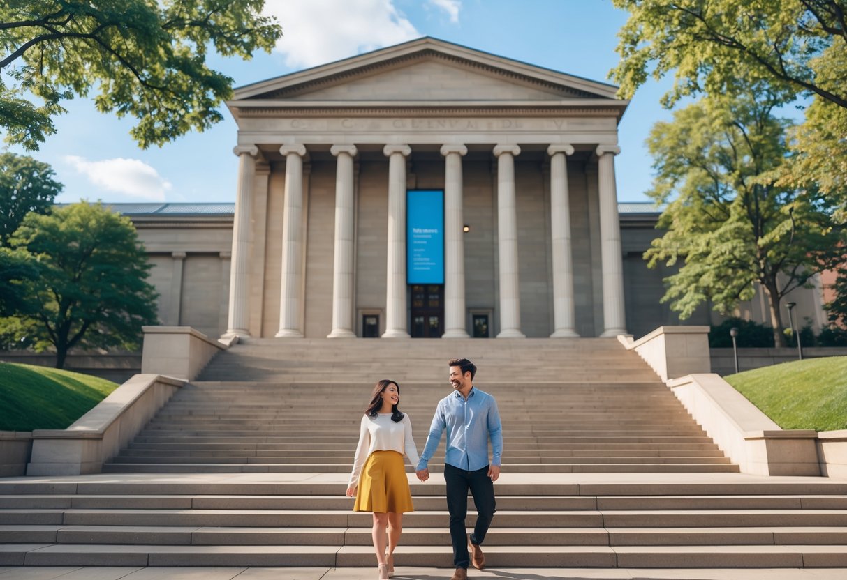 A young couple walking hand in hand up the steps of the Cleveland Museum of Art on a sunny day.