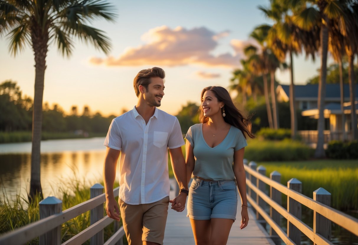 A young couple walking hand in hand along a lakeside boardwalk surrounded by palm trees and greenery during sunset.