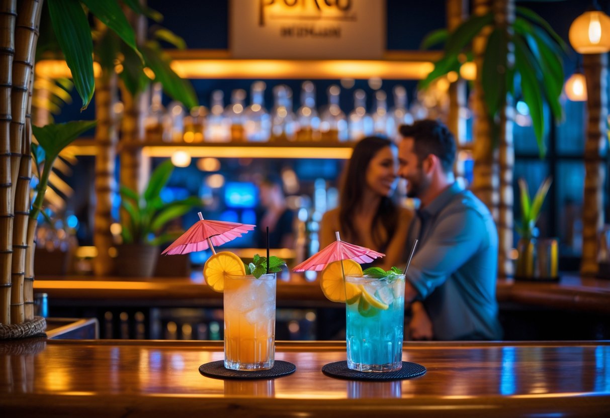 Two colorful cocktails on a wooden bar counter with tiki-themed decor and a couple enjoying a date in the background.