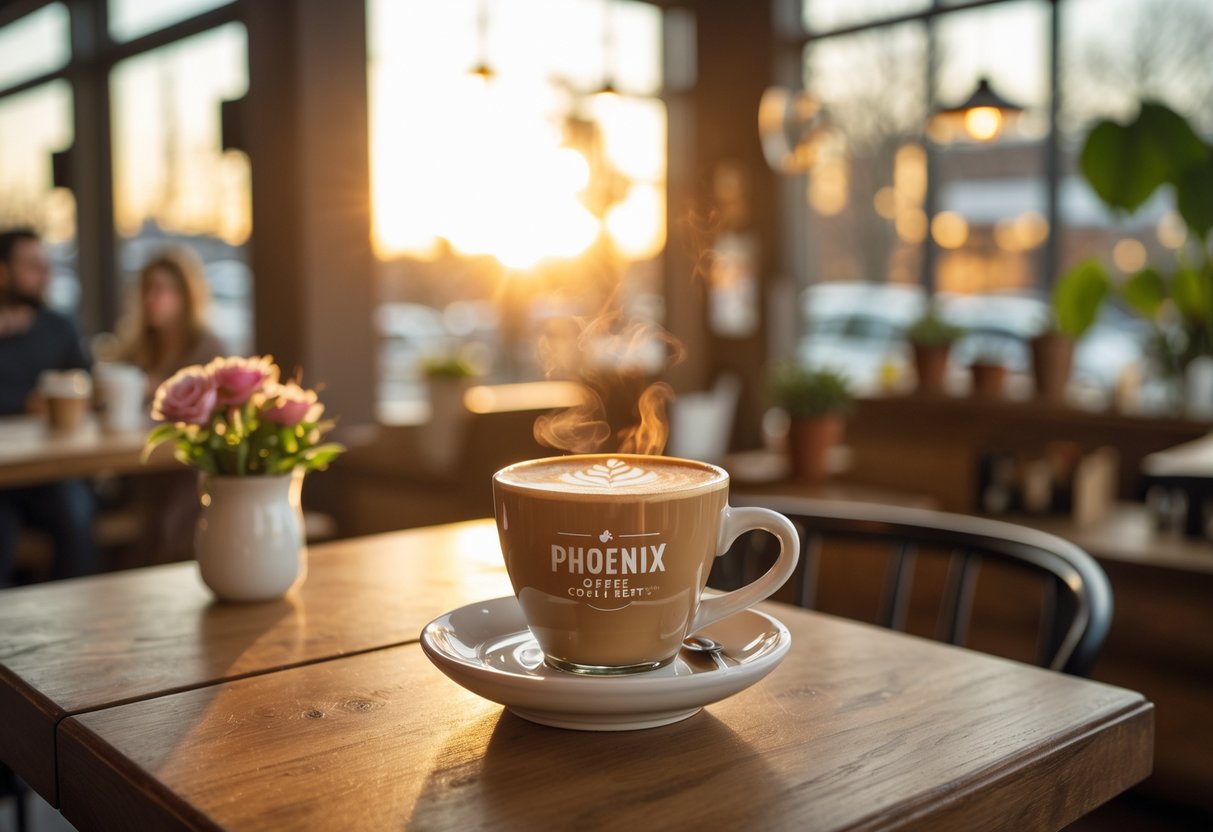 A coffee cup with latte art on a wooden table inside a cozy coffee shop during sunrise, with two cups and a small vase of flowers suggesting a couple enjoying a morning date.