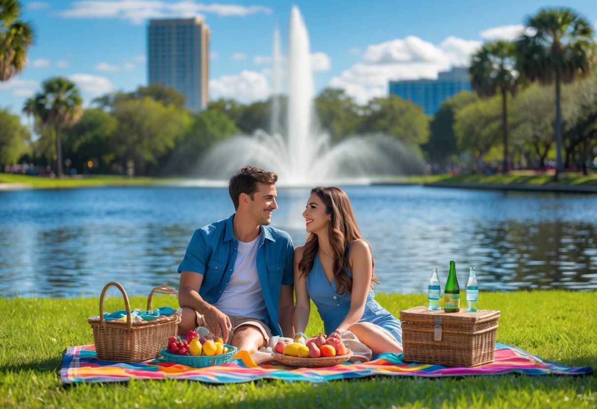 A young couple enjoying a picnic on a blanket near a lake with a fountain and trees in the background.