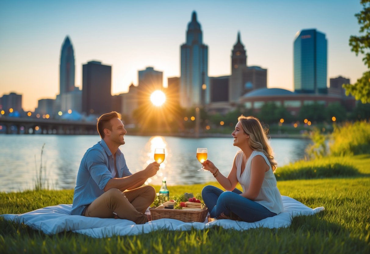 A couple sharing a picnic near Lake Erie with the Cleveland skyline in the background during sunset.