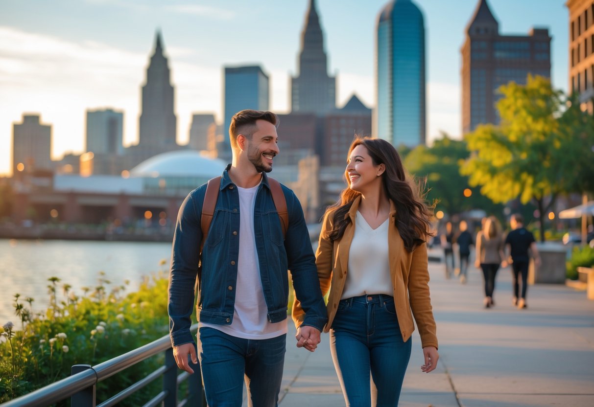 A couple walking hand-in-hand along the Cleveland waterfront with the city skyline in the background during sunset.