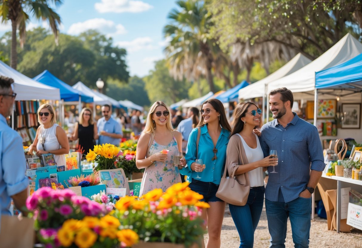 Couples enjoying a sunny day at an outdoor riverside arts market with artisan stalls, trees, and a river in the background.