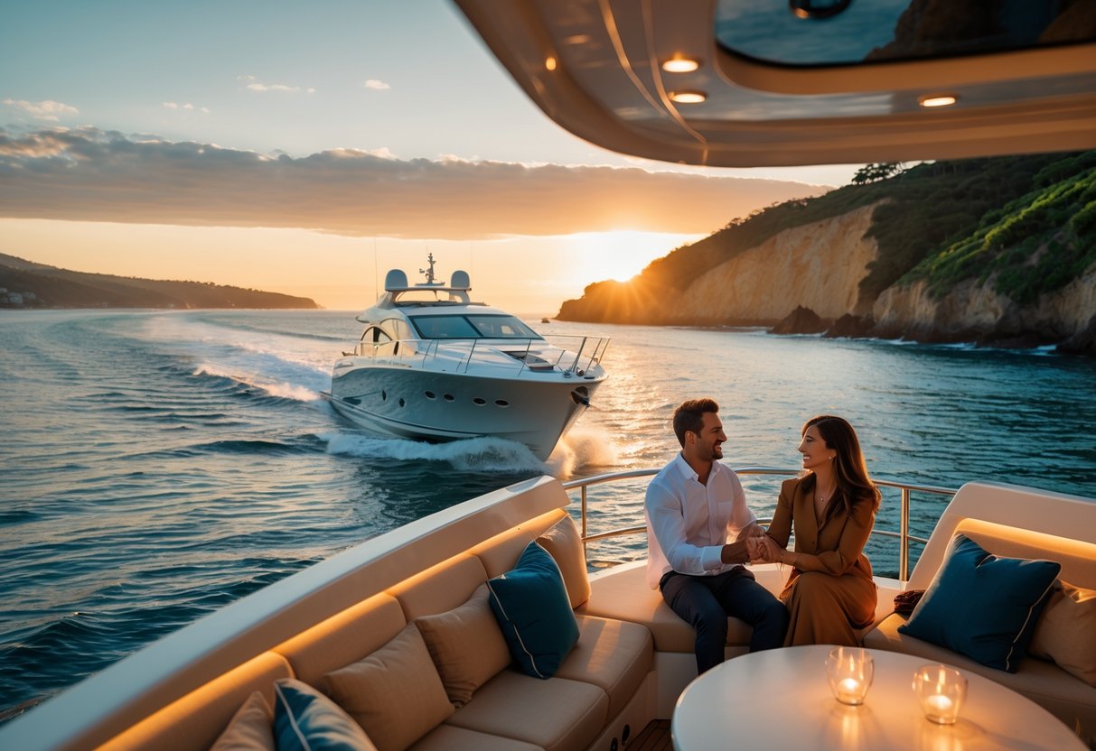 A couple enjoying a sunset cruise on a yacht along the Pacific coastline with cliffs and calm ocean waters.