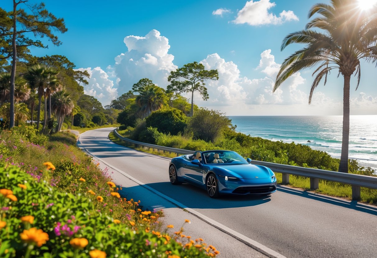 A couple driving a convertible car along a winding coastal road surrounded by green trees and wildflowers with the ocean in the background.