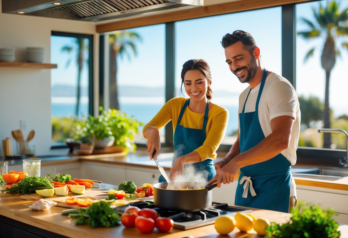 A couple cooking together in a bright kitchen with fresh ingredients and a coastal view outside the window.