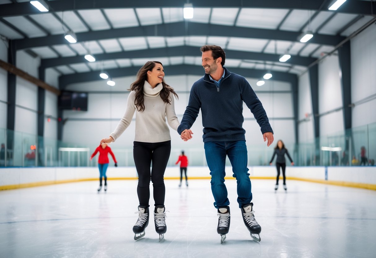 A couple ice skating together inside an indoor ice rink, smiling and holding hands.