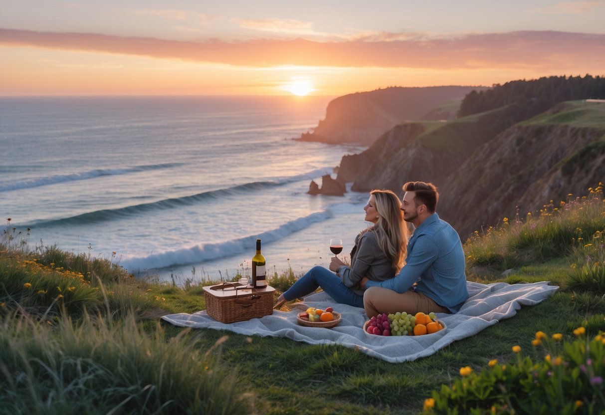 A couple having a sunset picnic on a grassy cliff overlooking the ocean with waves and coastal cliffs in the background.