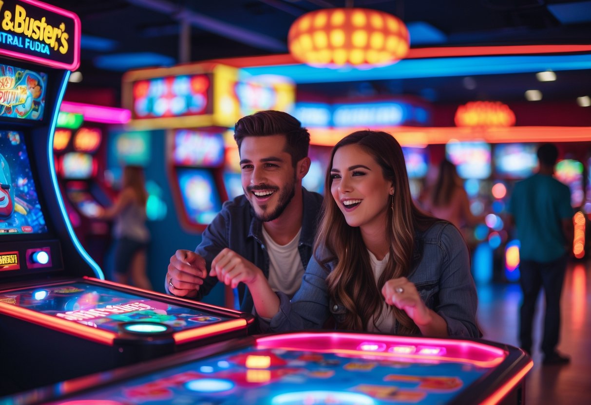 A young couple playing neon-lit arcade games together inside a busy arcade.