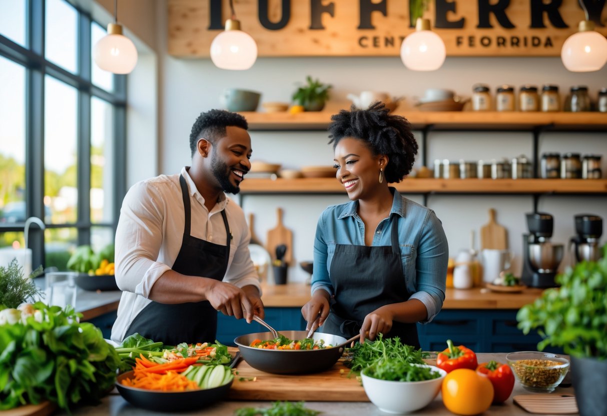A couple cooking together in a bright kitchen inside a market, preparing food and smiling.