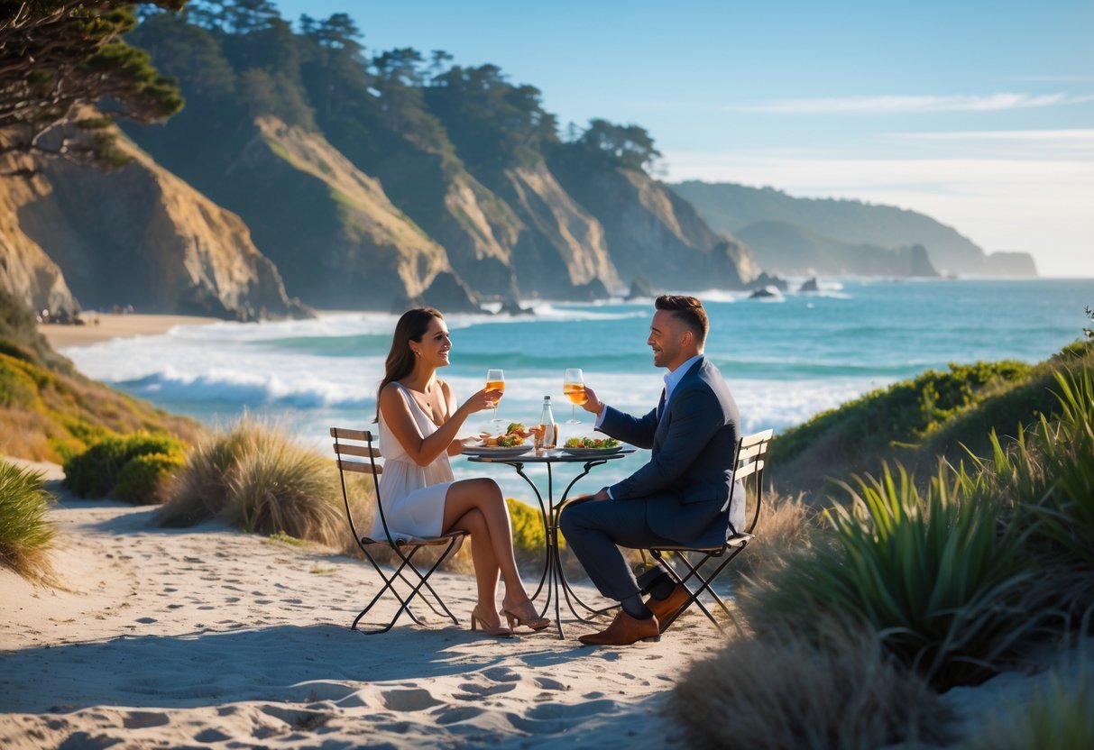 A couple enjoying a meal together outdoors with a scenic coastal view of cliffs and ocean in the background.