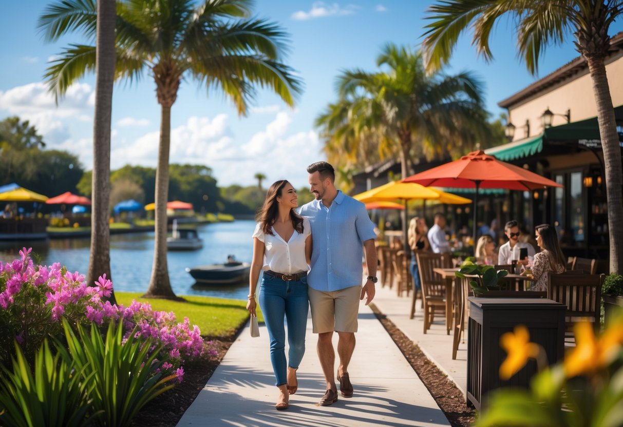 A couple walking hand-in-hand along a flower-lined path near a lake with palm trees and a small boat in the background.
