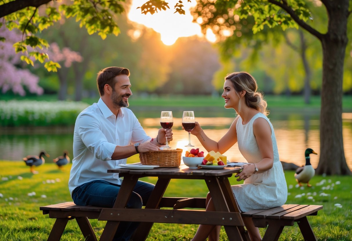 A married couple sitting at a picnic table in a park, holding hands and smiling with a picnic spread and a lake in the background.