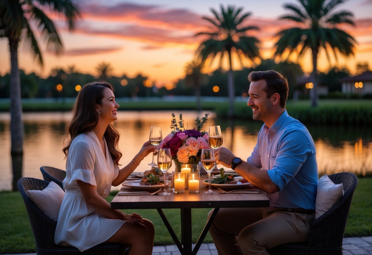 A couple enjoying a romantic outdoor dinner by a lake at sunset with palm trees in the background.