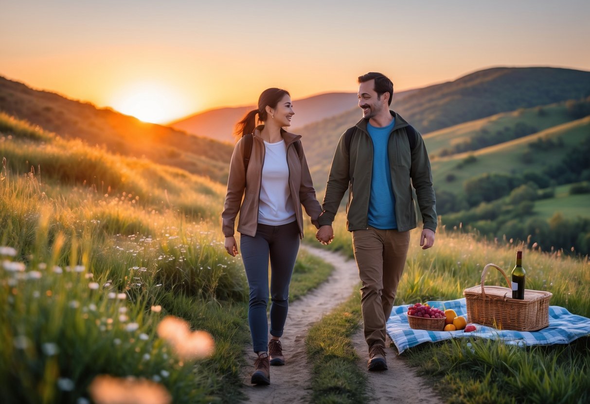 Married couple walking hand in hand on a trail at sunset with a picnic setup nearby on a blanket.