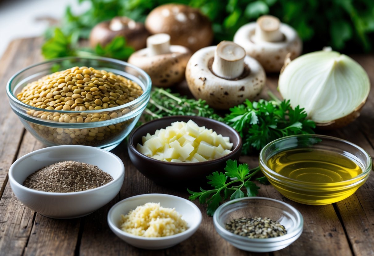 A collection of fresh ingredients including lentils, mushrooms, onions, garlic, herbs, breadcrumbs, olive oil, salt, and pepper on a wooden surface.