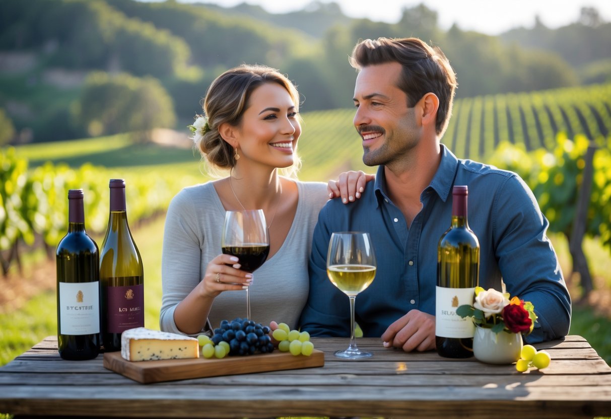 A married couple sitting at a wooden table outdoors at a winery, tasting wine with bottles and cheese on the table, surrounded by vineyard rows.