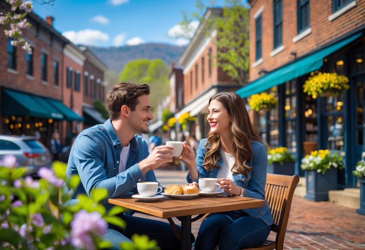 A young couple enjoying coffee at an outdoor café in Charlottesville with greenery, historic buildings, and mountains in the background.