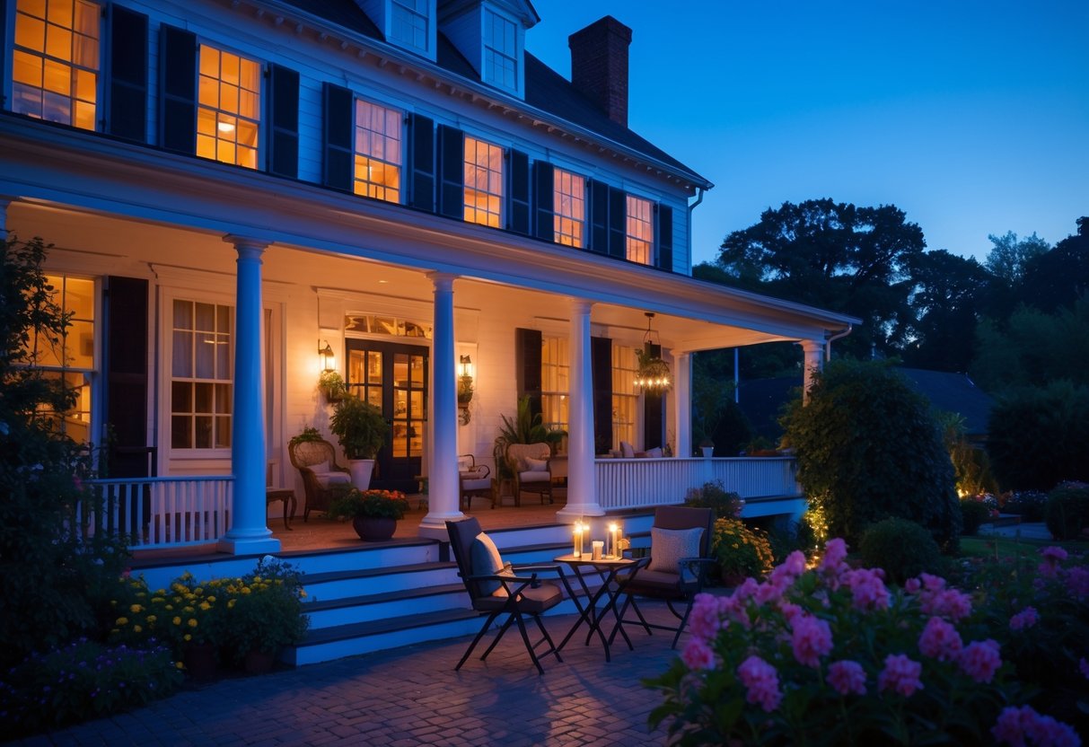 Exterior of a charming historic inn at dusk with outdoor seating set for two, surrounded by greenery and flowers.