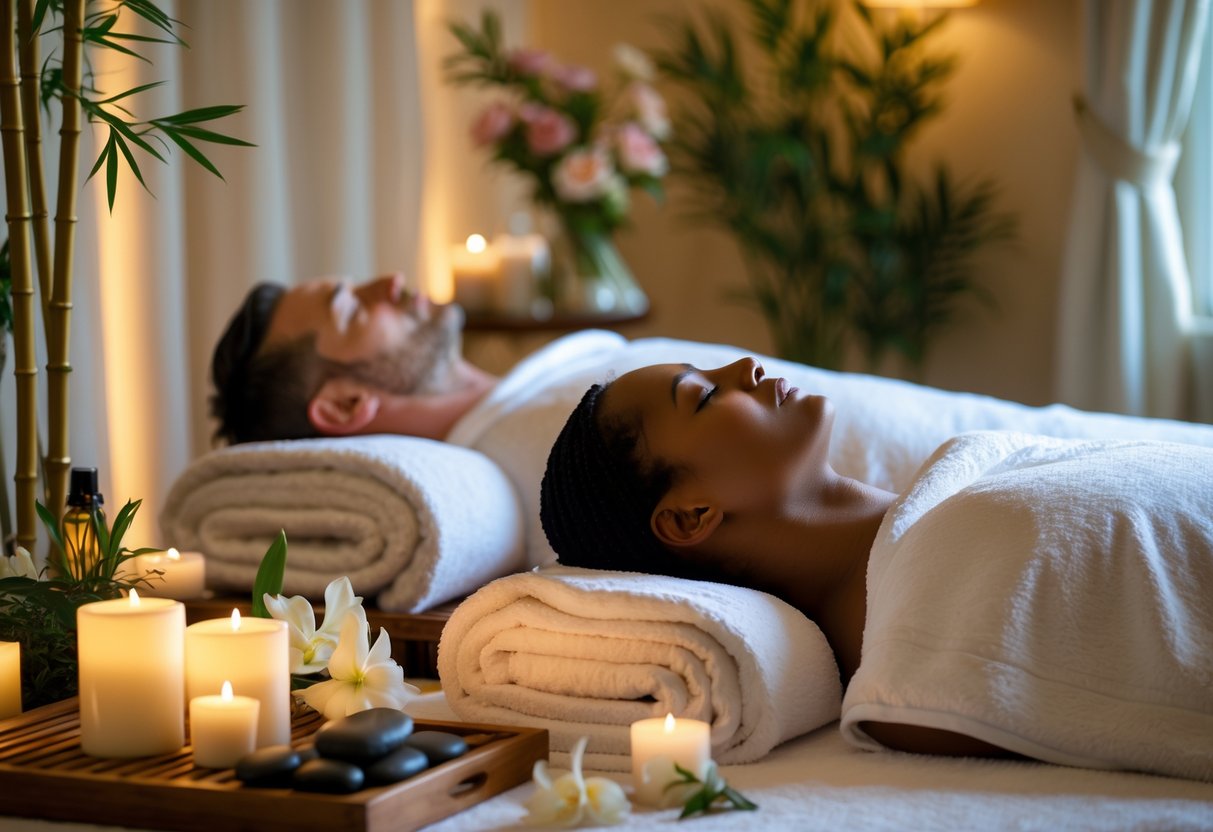A couple receiving side-by-side massages in a softly lit spa room with candles and flowers.
