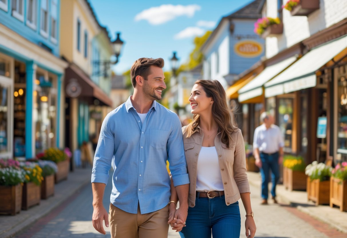 A married couple walking hand-in-hand along a small town street with shops and cafes on a sunny day.