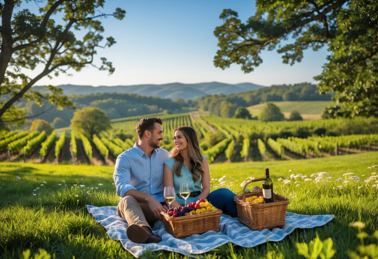 A couple having a picnic on a grassy hillside overlooking vineyards and rolling hills at Pippin Hill Farm & Vineyards.