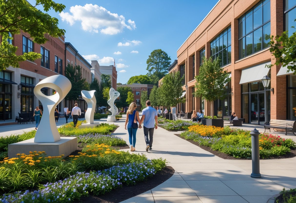 Couples and visitors walking through a sculpture garden with modern art pieces and greenery in a downtown urban setting.
