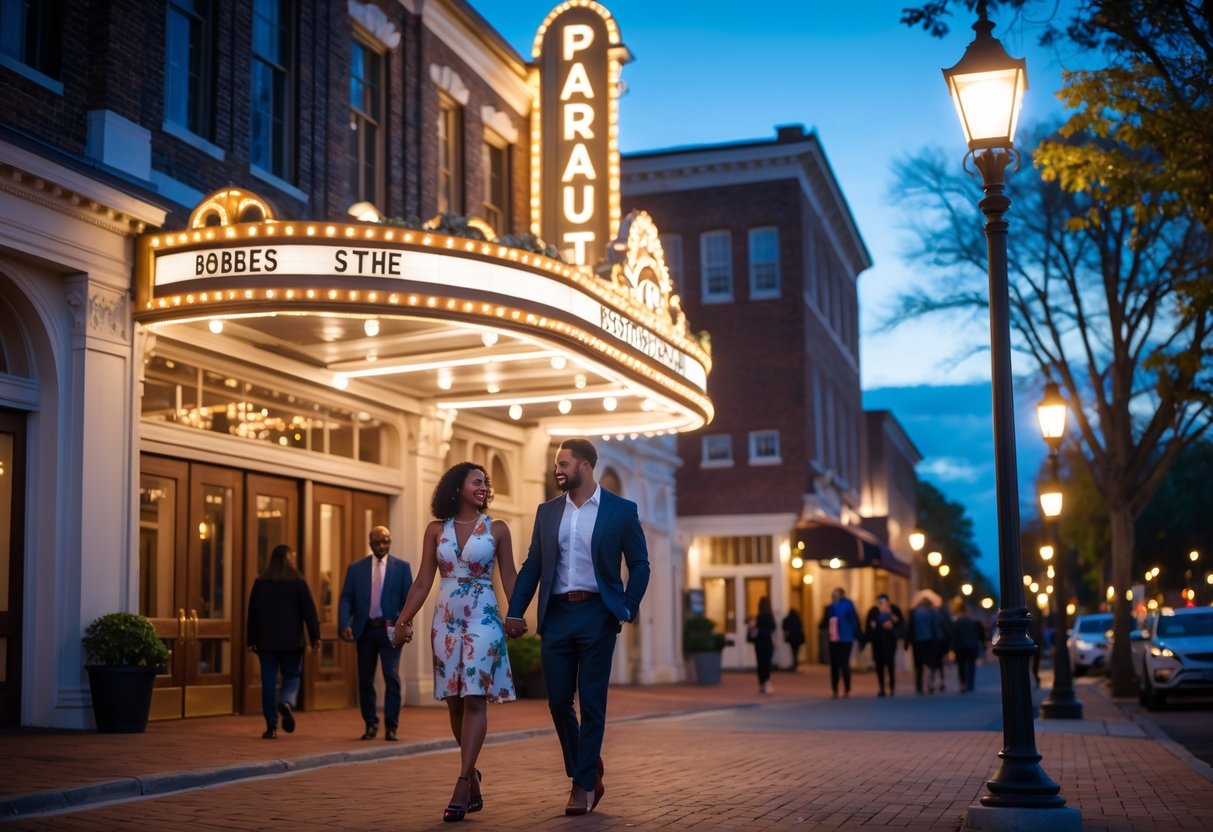 A couple holding hands outside the brightly lit Paramount Theater in Charlottesville, Virginia at dusk.
