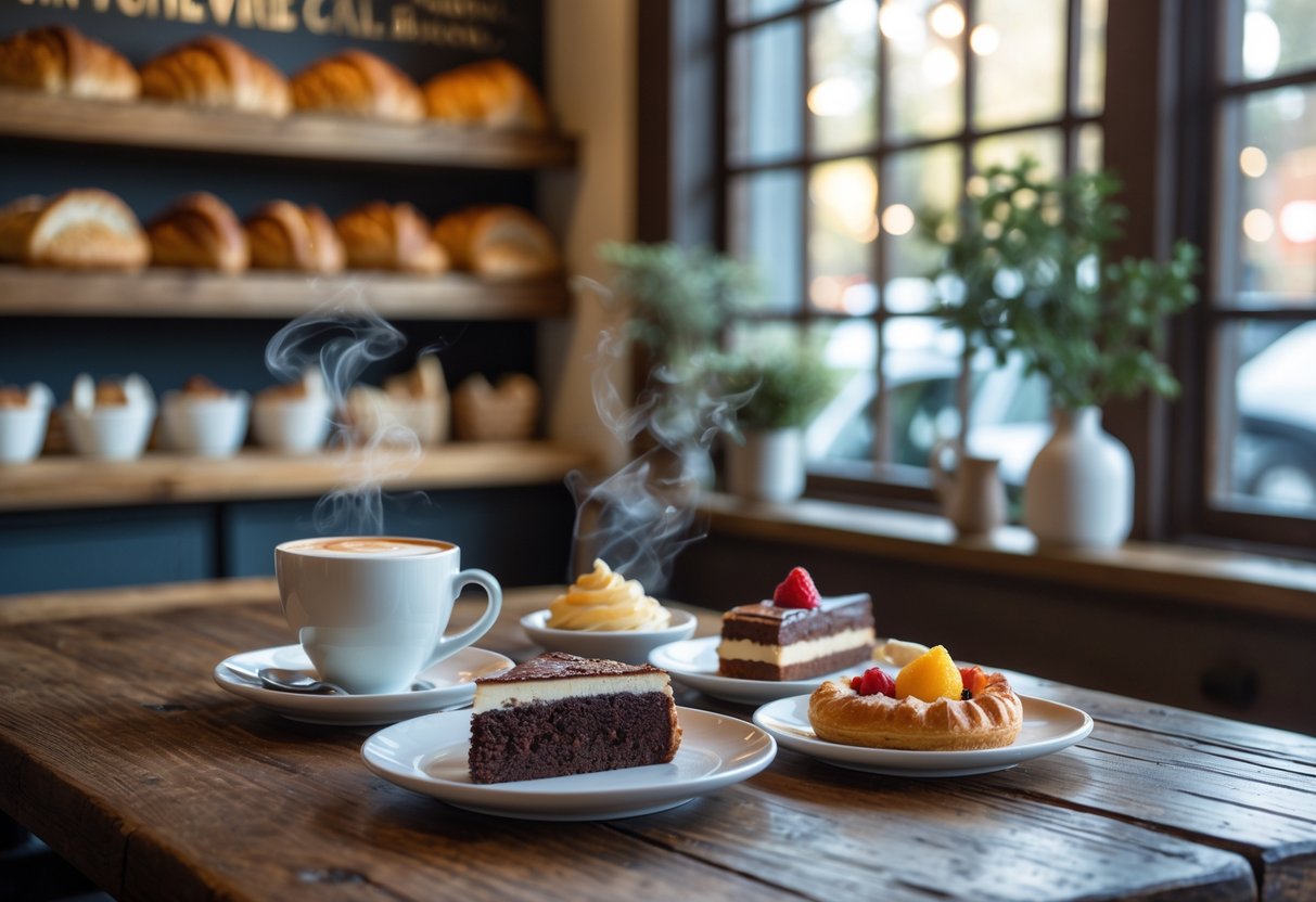 A wooden table with a cup of espresso and a variety of desserts inside a cozy café.