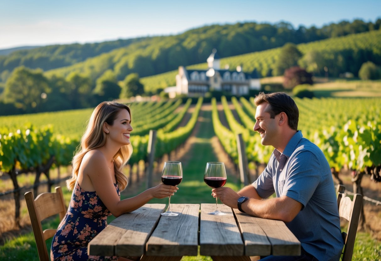 A couple sitting outdoors at a vineyard table, enjoying glasses of red wine with grapevines and hills in the background.