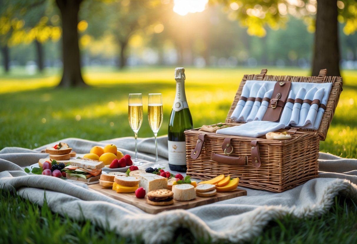 A picnic setup with homemade food and a cozy blanket on grass in a park.