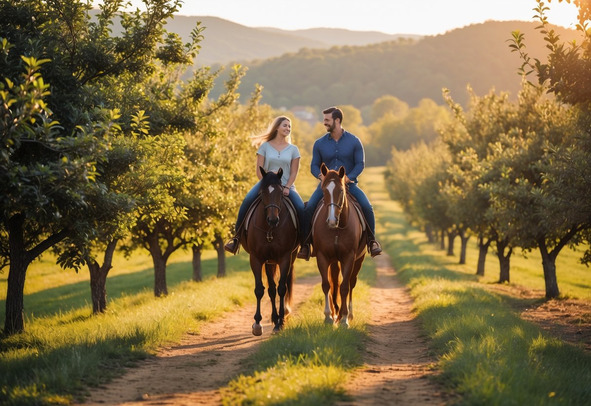 A couple horseback riding together along a tree-lined orchard trail with hills and mountains in the background.