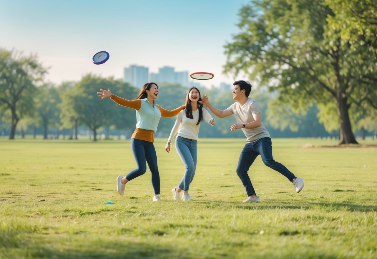 A young couple playing frisbee together in an open grassy field near a park.