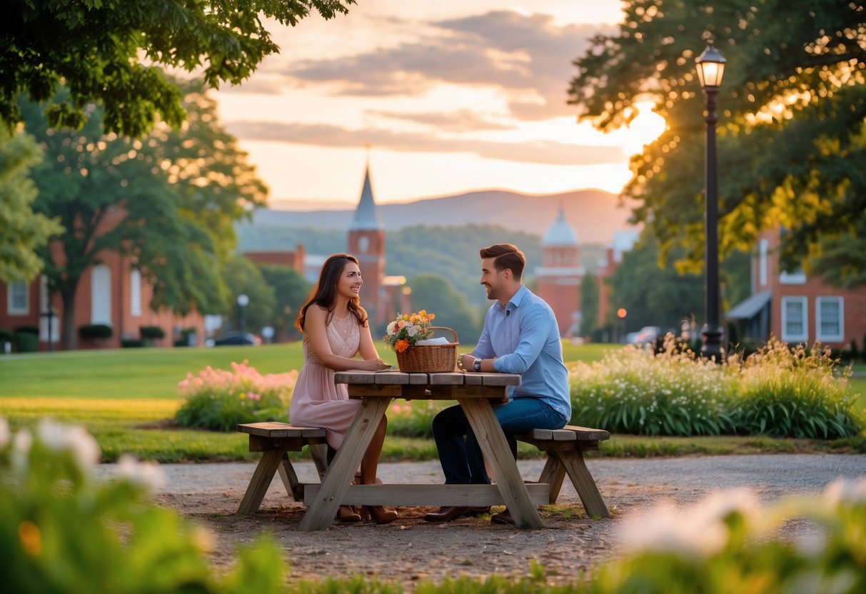 A young couple enjoying a picnic at a wooden table in a park with mountains and historic buildings in the background during sunset.