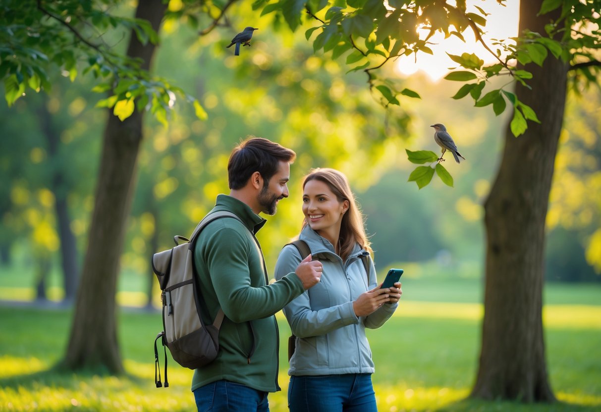 A couple birdwatching together near a green park, using a guidebook and a smartphone to identify birds.