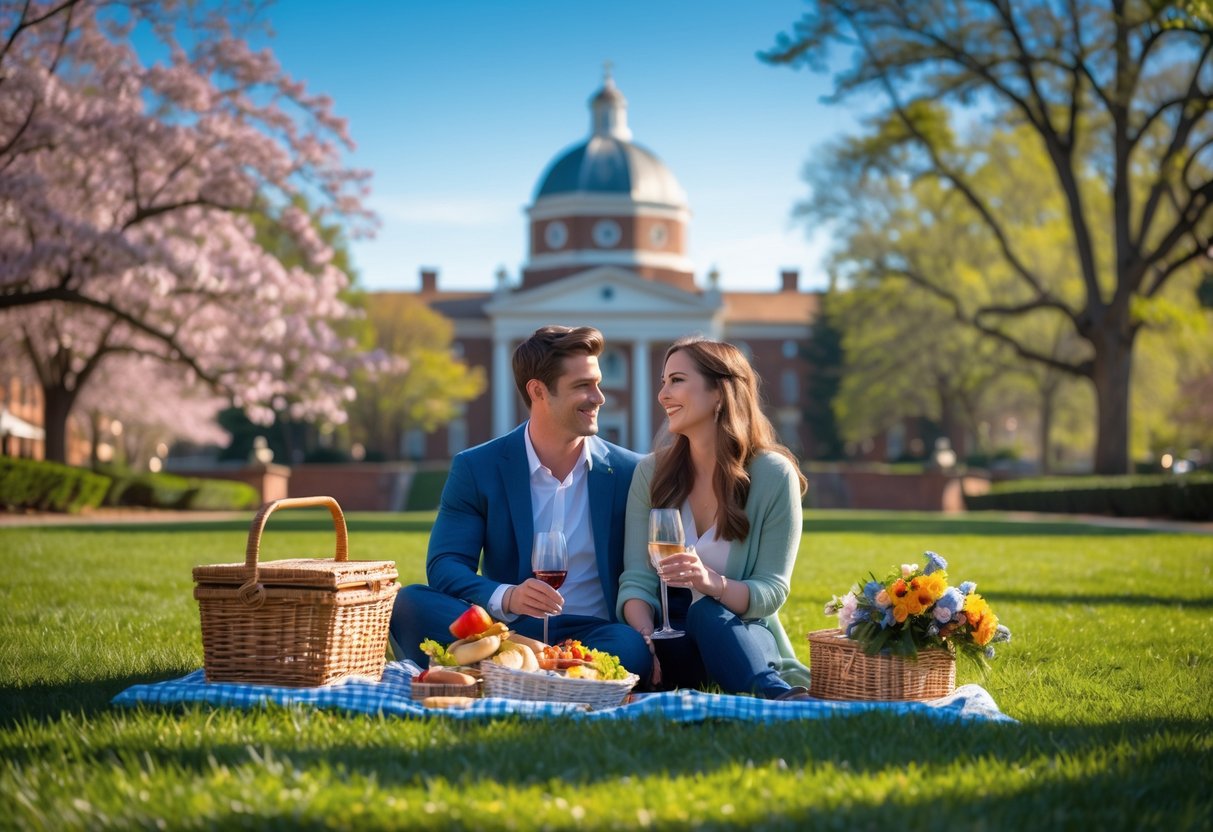 A young couple enjoying a picnic on a green lawn with historic buildings in the background.