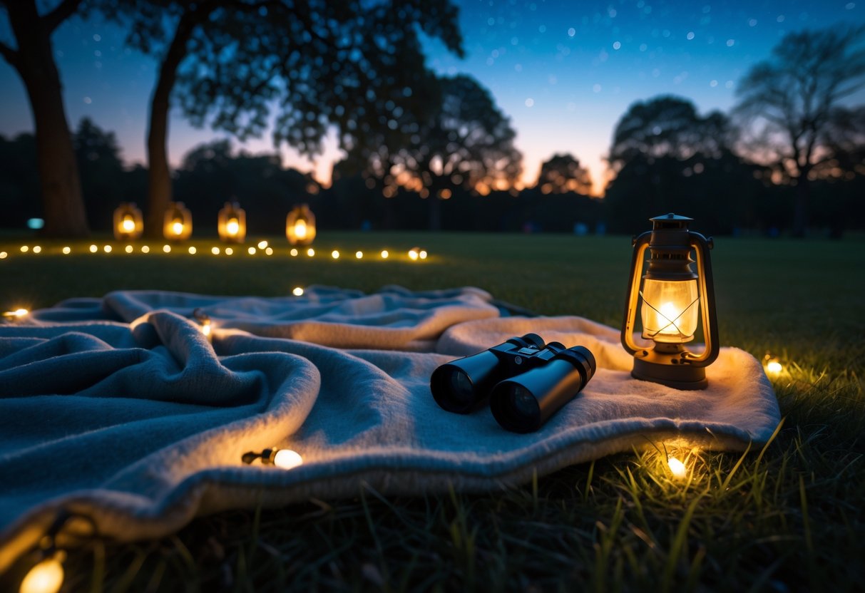 A cozy outdoor spot near a park with blankets and binoculars set up for stargazing at dusk.