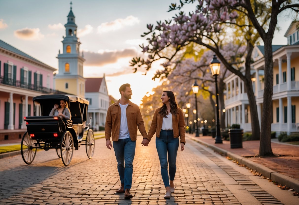 A young couple holding hands and walking along a waterfront street in Charleston with historic buildings, a horse-drawn carriage, and blooming trees at sunset.