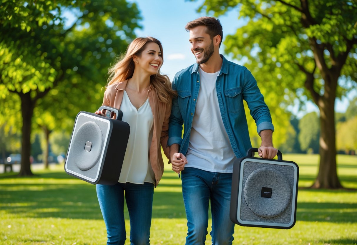 A happy couple carrying a portable speaker near a green park on a sunny day.