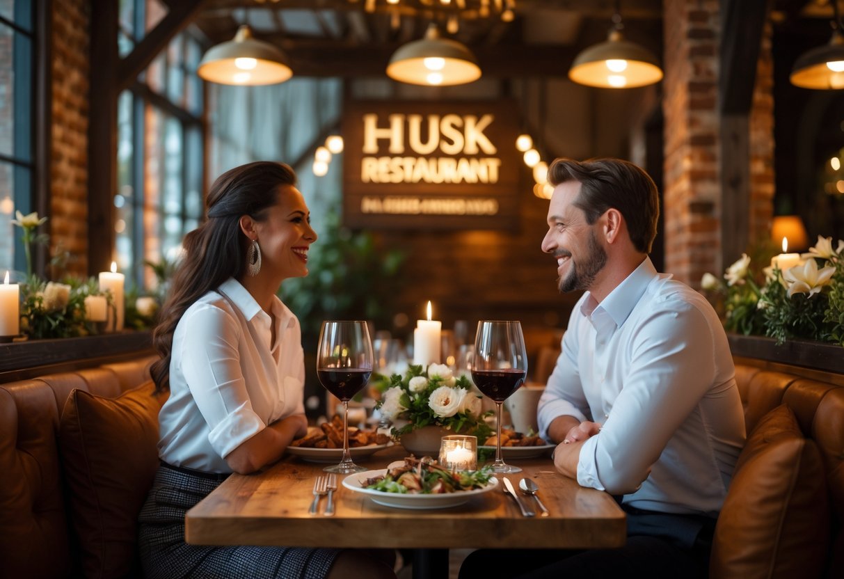 A couple enjoying a romantic dinner at a warmly lit restaurant table with candles and Southern cuisine.