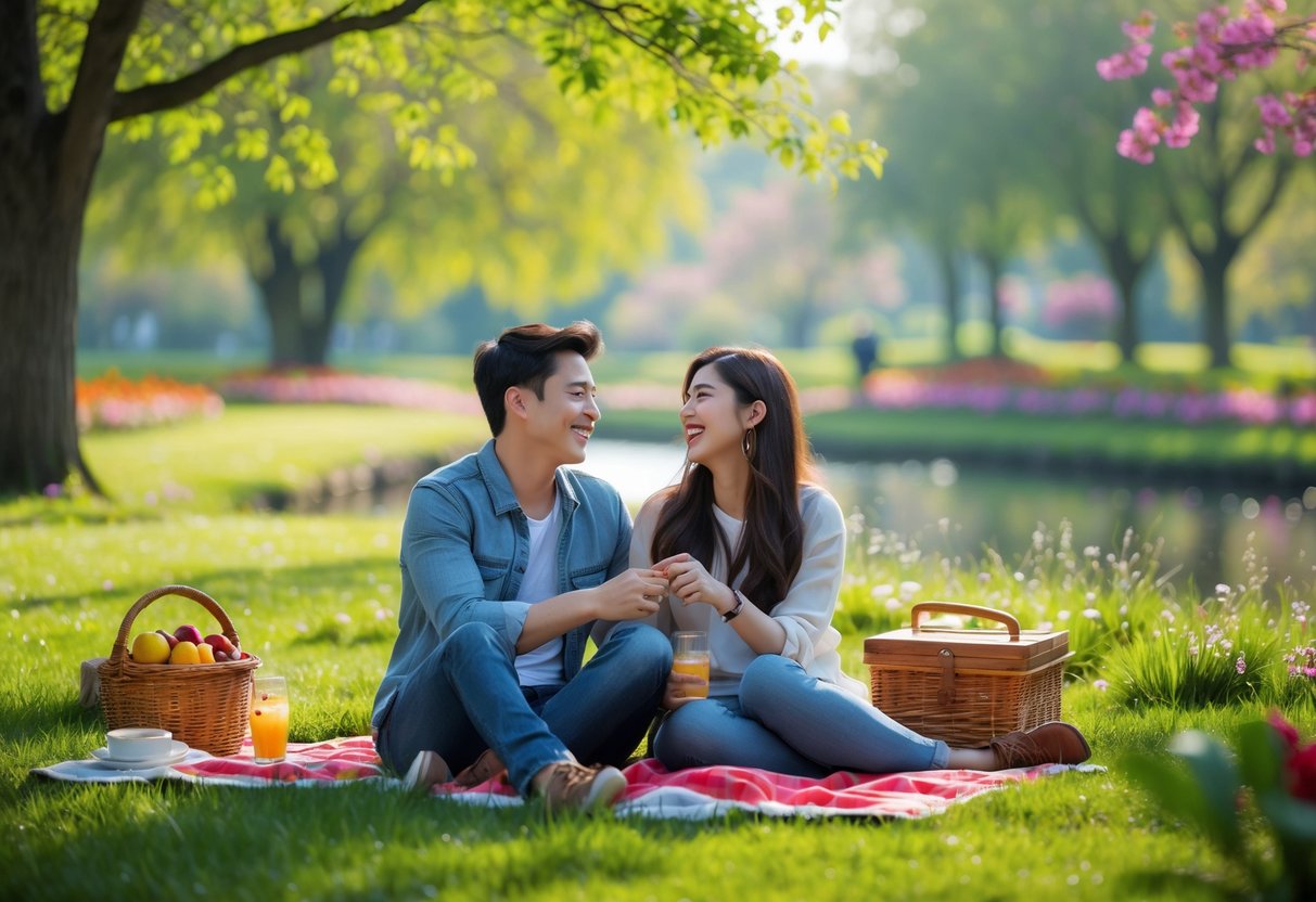 A young couple sitting on a picnic blanket near a park, sharing a happy moment surrounded by trees and greenery.
