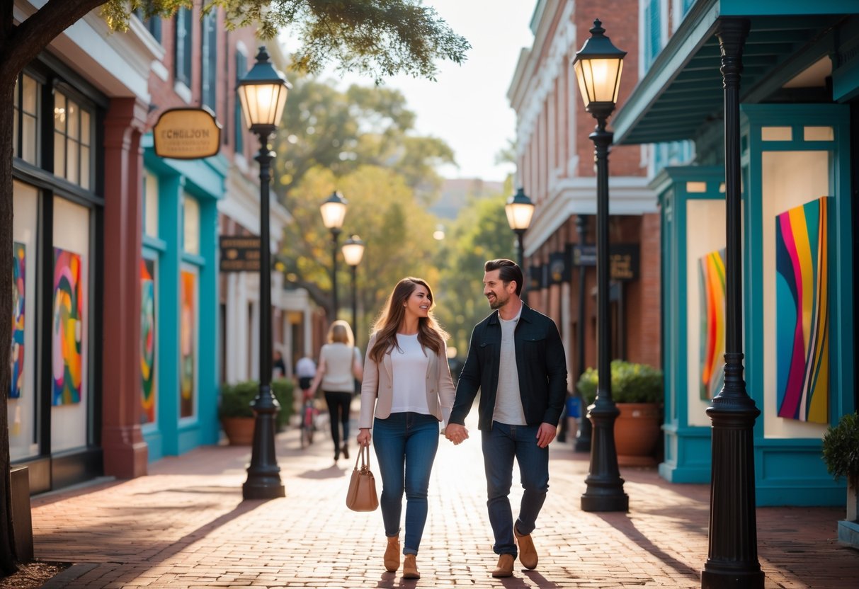 A couple walking hand in hand along a historic street lined with art galleries and colorful artwork in the windows.