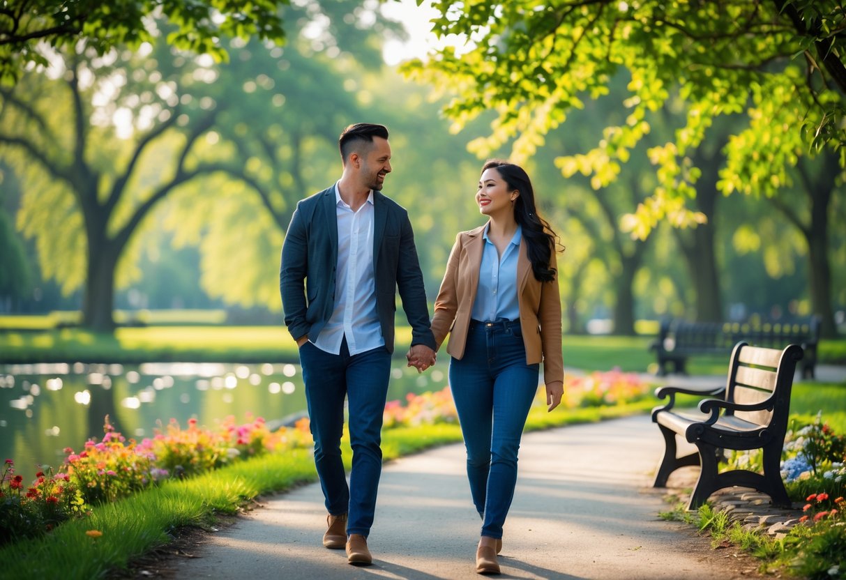 A couple walking hand in hand on a park path surrounded by trees and flowers with a pond in the background.