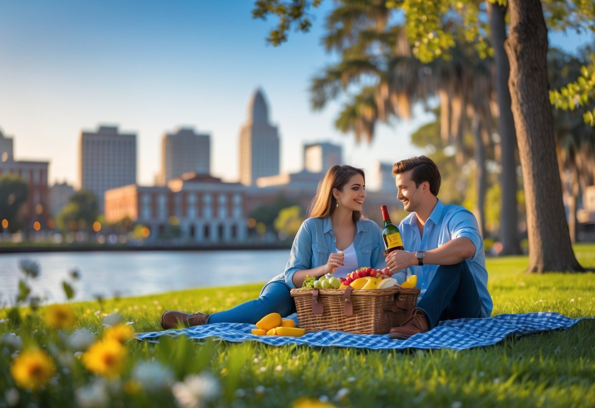A couple enjoying a picnic on a blanket in a park near the waterfront with city buildings in the background.