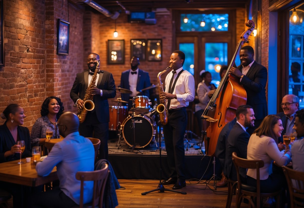Couples and friends enjoying live jazz music performed by a band inside a warmly lit bar with rustic decor.