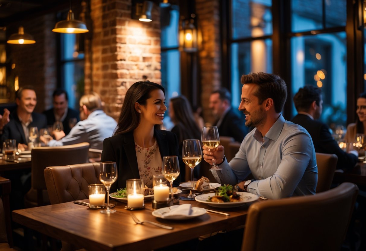 A couple enjoying a romantic dinner at a warmly lit restaurant with rustic decor.